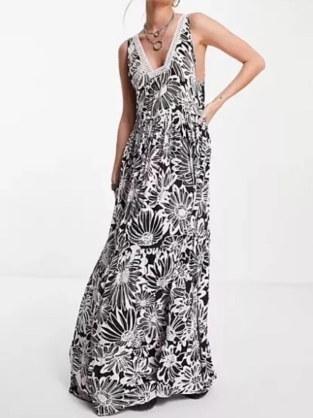 NWOT Free People Black & Pink Tiers To You Maxi Dress Crochet Details - Picture 2 of 7